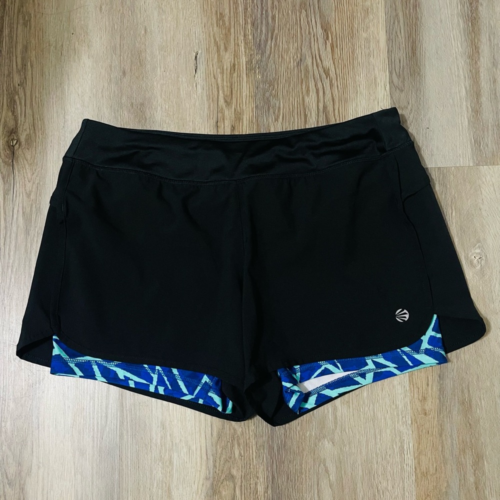 Women's Black Athletic Shorts with Blue Pattern
